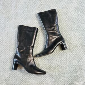 vintage y2k black leather pointed toe tall calf kitten heel classic boots 9